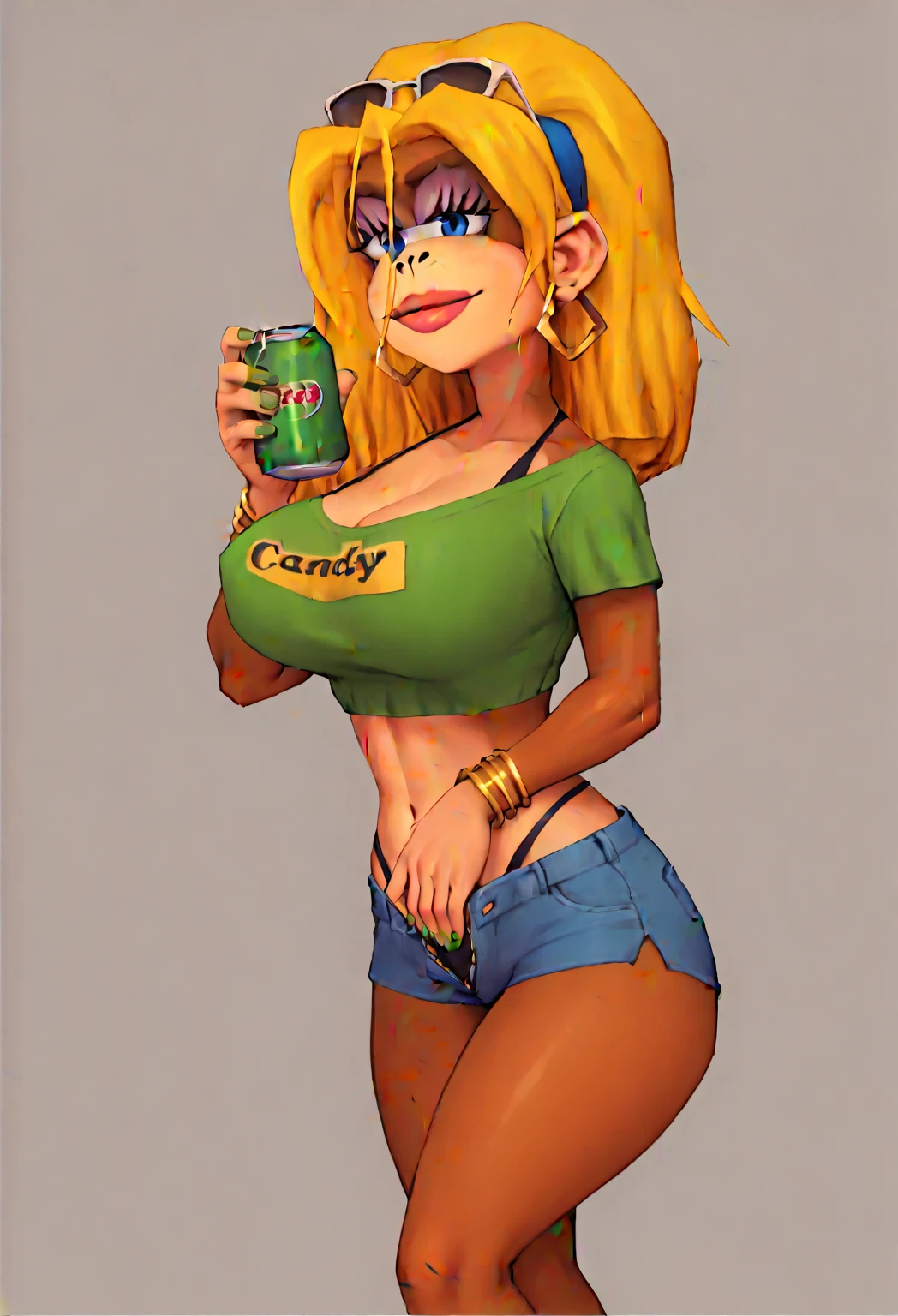 Donkey Kong 64 anime art style, HD, high quality, detailed image. Candy Kong, female Kong, furry, humanoid, with tan skin and reddish brown fur, blue eyes and blonde hair. She has gold hoop earrings, gold bracelets on both wrists and wears green nail polish. She has sunglasses on top of her head. 1 Monkey girl, body with very pronounced curves, large breasts, wide hips and thick thighs. She wears a yellow Brazilian national team t-shirt, very short and tight dark blue denim shorts with the zipper open, showing the bikini strap at the waist and bare feet. Sensual face, smiling slightly. Character standing, looking at the viewer and holding a can of soda in one hand. Wide shot. Beach background.