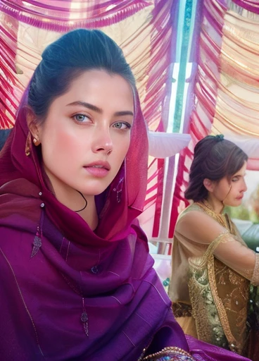 wide angle, Stunning masterpiece, beautiful pakistan muslim women , 20 years old, weared blue pastel hejab, on market traditional, lamps , a cinematic grading, realistic, detiled, night, depth blur, bright light, topless, transparent outfit, show , show , show breasts, show