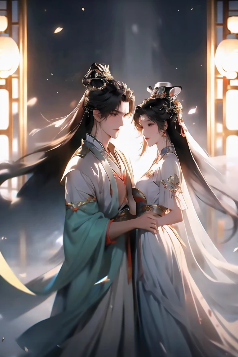 A handsome Chinese boy and girl rushed to each other, the whole body, gentle eyes, clear facial features, wearing Hanfu, body surrounded by dark green mist, runes around, holographic reality, holographic halo, motion blur, game light effects, edge light, soft light, movie edge light, delicate light