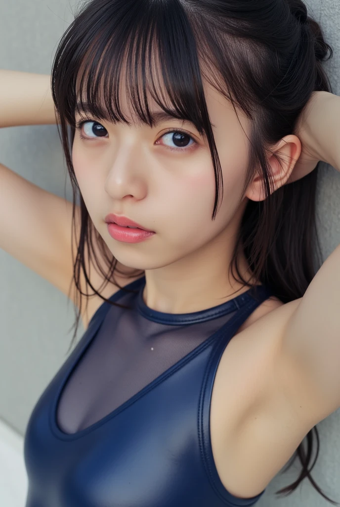 8k,Tiny、cute、Childish、Clear skin、Finely shaped eyes、5Head to Body、Narrow shoulders、Thin legs、Slim body、Black Hair、Black Eyes、Blue hairpin、Sportback、Thin eyebrows、Double eyelids、Old School Swimsuit