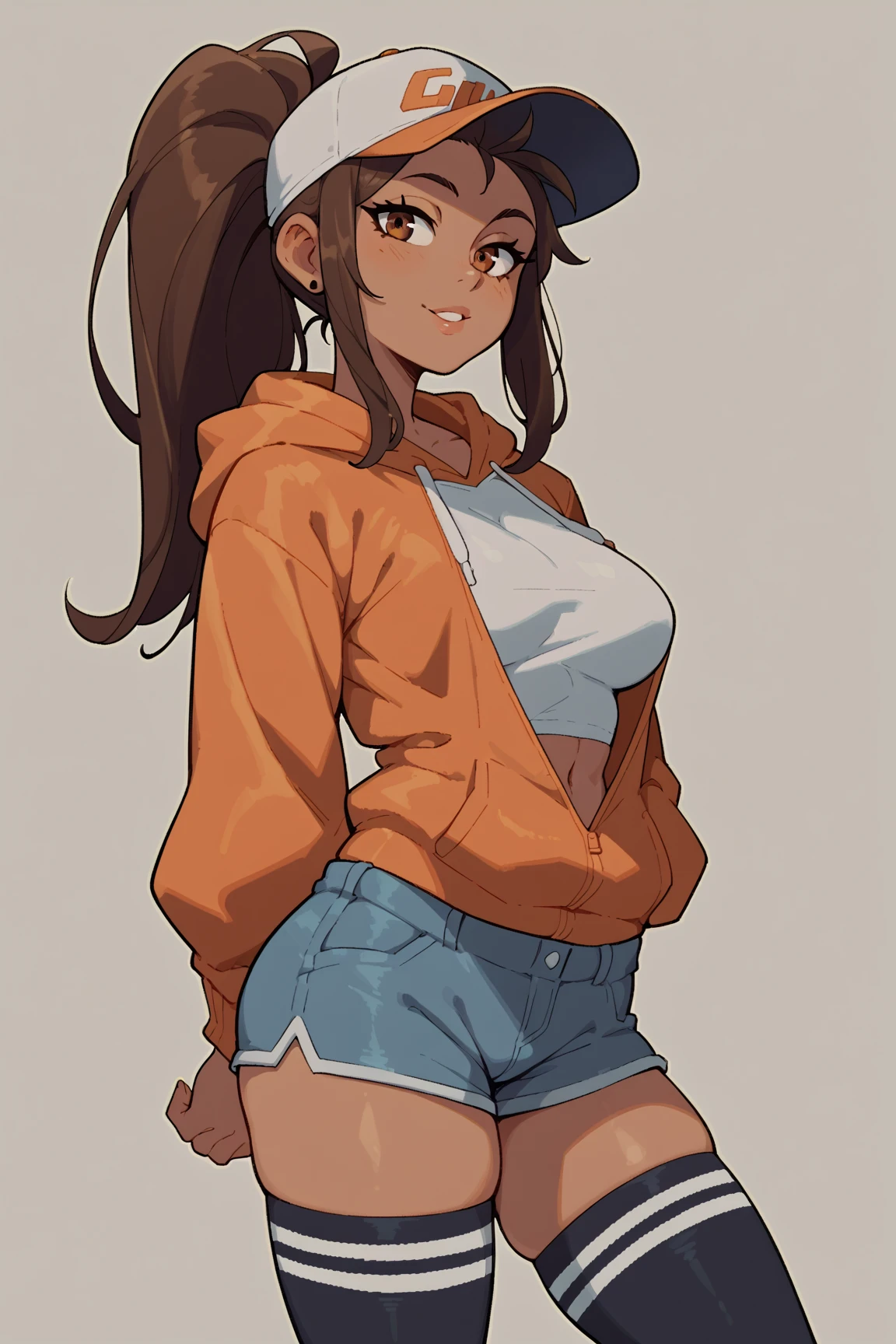 2d, Superb, (Masterpiece), ((1 girl)), (Low Angle:1.2), (Western Girl:1.3), (Shiny hair:1.6), (Long straight brown hair:1.6),(Shaggy hair:1.3), (Brown beautiful girl),hyper, Pretty face, (Healthy dark skin), (Sunburn mark), clavicle,(Cowboy hat),(Wear a scarf),(Shirt with open chest:1.3),(Denim hot pants:1.3),(Leather boots) ,Glamorous Bare Feet, Beautiful shiny legs,, Brown Eyes, Attractive thighs, Medium chest,(arms behind back)