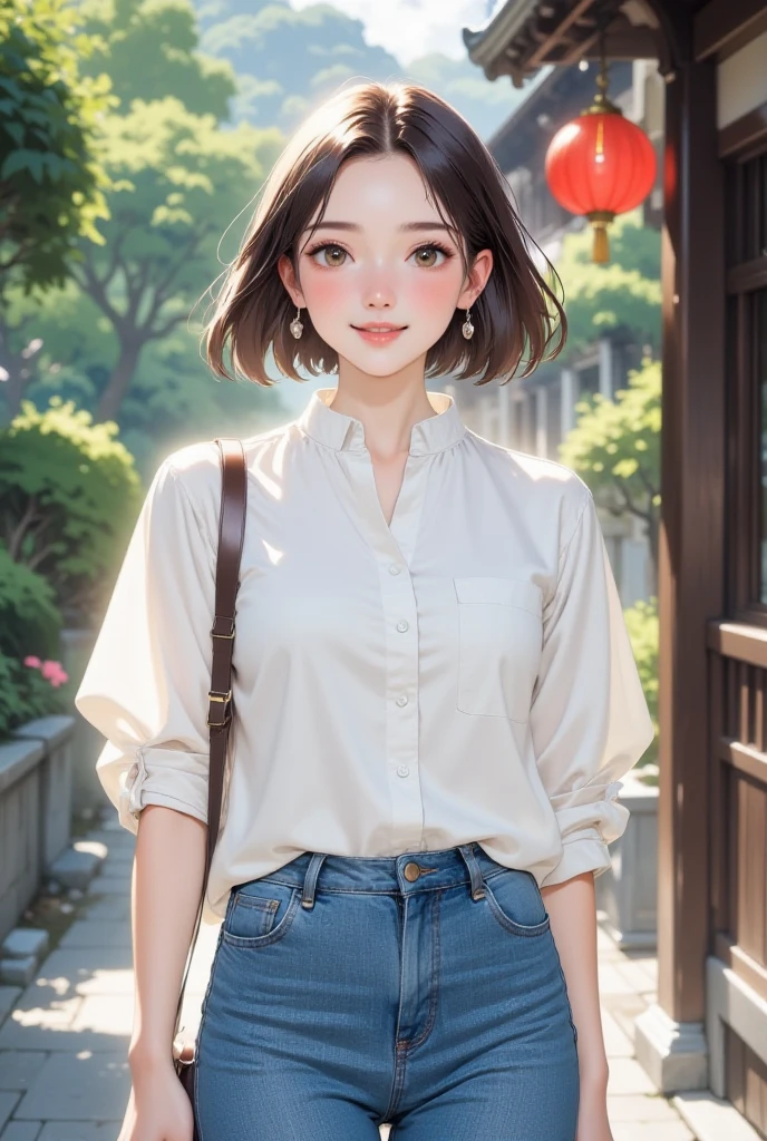 1 girl, short hair big waves, brown hair, brown eyes, white clothes, denim shorts, perfect body, deep view, pastoral background, flowers, close-up, large aperture, blurred background, smile healing, very healing, very beautiful girl, beautiful beauty that people can't forget when they see it, perfect picture quality, big eyes cute girl