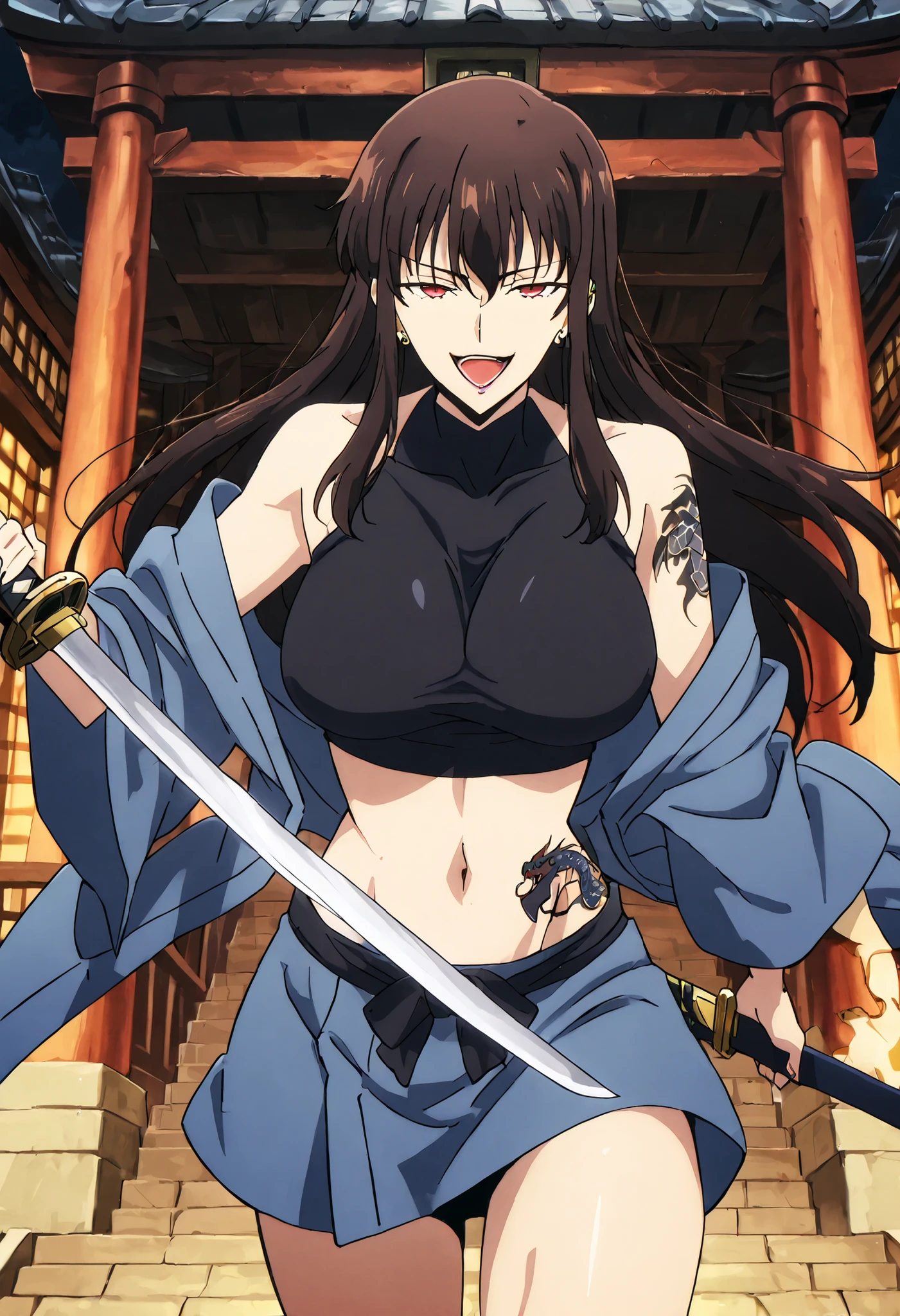 score_9,score_8_up,score_7_up,score_6_up, source_anime, girl, dynamic pose, , long hair, brown hair, sidelocks, bangs, red eyes, mature female,, ear piercing, long hair, , lipstick,Hot girl, baddie, smoking, sensual, attractive ,masterpiece, best quality, highly detailed, a girl in kimono ,holding sword, bare
shoulder,, evil smile, open mouth , (nsfw) not safe for work, serious eyes,
official artwork,beautiful girl, kimono pencil miniskirt,, exposed belly, exposed navel, ,in a
palace,exposed midriff, exposed lower belly, outdoor, japanese architecture, temple, , loose fitting kimono, ninja kimono, crop top kimono, dragon tattoo on waist, narrowed eyes,
tattoo on waist,, anipai_style , anime screencap , anime coloring ,Solo Leveling Style, medium large breast
