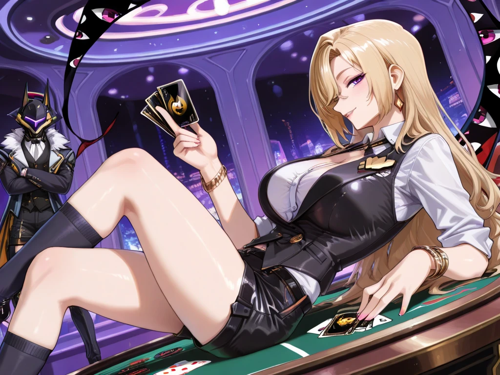 (1girl, black hair short hair tri braids, hexagon eyes, , facepalm) (digital) (resting in detailed casino, (denim shorts)) , best quality, <lora:boldline:0.2> <lora:hairdetailer:0.2> blonde hair, green eyes, armor, bloodelf, <lora:bloodelf:1>