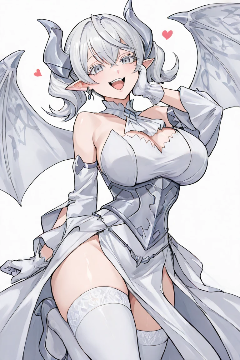 Throne top High level image quality best image quality 8K adult woman whole body portrait pure white long gloves(elbow gloves) white long dress(slit) white wolf ears short hair((shortcut)(gray hair)(perm)(fluffy)) eye color is red attractive evil face((smile)( open your mouth))nightfall red moon sexy pose , crossed legs style in detailed , sitting, labrynth , view from side pov , face focus