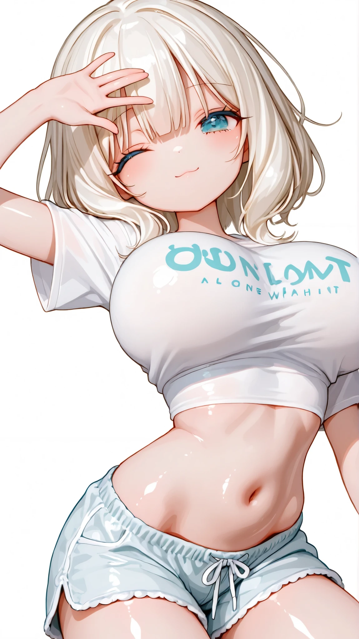 cute girl . Very kawaii , round face . alone , Slim , big breasts , wink one eyes , short and small . shiny skin . Pure white tube top plain T-shirt . shorts . dynamic poses . dynamic angle . No background , White background , looking at the viewer,