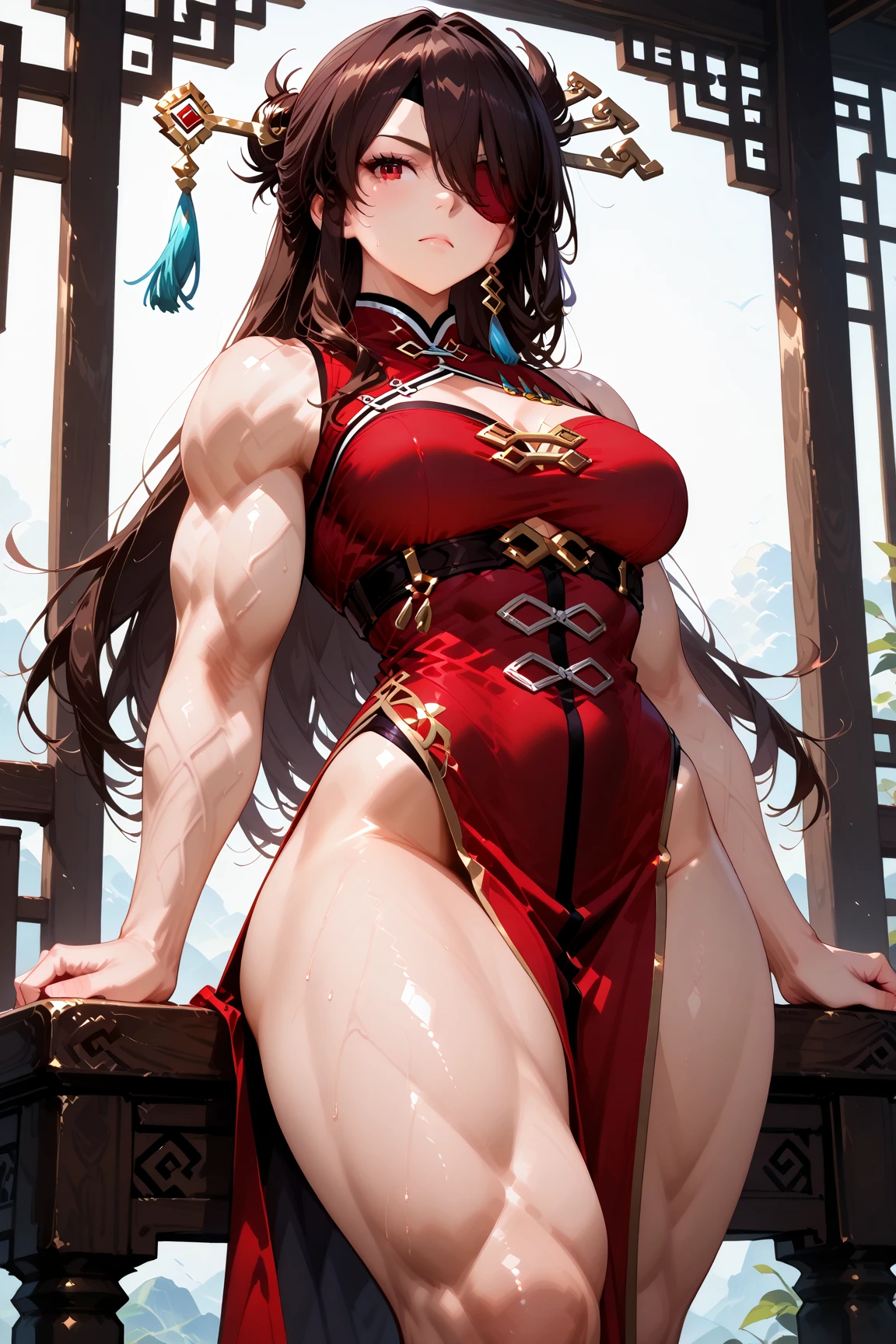 (Manga style illustration:1.2), (Mai Shiranui from The King Of Fighters), (brunette pony tail hair), (open Mai Shiranui red outfit), (mai shiranui suit cosplay:1.1), 25 year old, ninja, revealing her huge , at the bedroom, surprised but naughty, (huge breasts:1.2), exposed stomach, (pubic hair:1.2), (dynamic lighting:1.2), 8k, (detailed face and eyes:1.2), (clearly detailed arms), heroic fantasy style, (busty), (deep cleavage), (breasts bulge:1.3), (cameltoe:1.2).