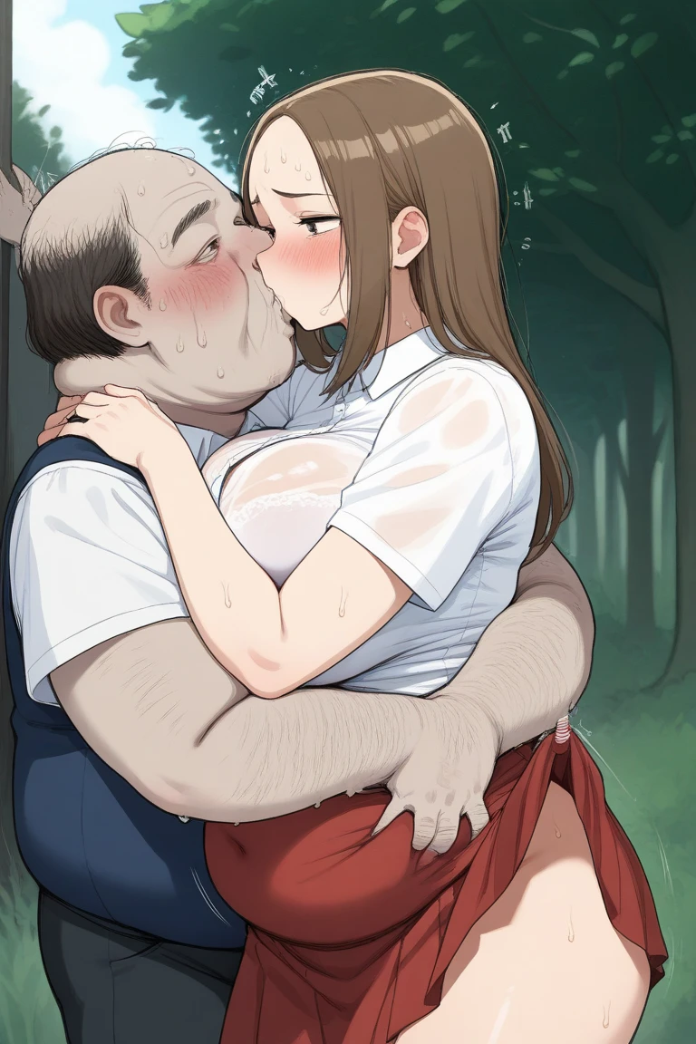 masterpiece, best quality, unity 8k wallpaper, illustration, very detailed, ((rape, sexual harassment, ache , 1 plump woman ,1 evil old man, first sound)),, sweat, Warmth, Stiff, normal chest ((at the park ))(((kiss)))