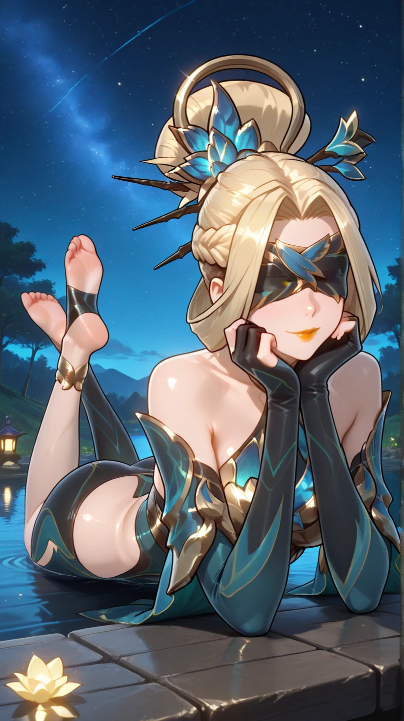 1girl, mount lady, boku no hero academia \\\\\ masterpiece, best quality, very aesthetic, absurdres, newest \\\\\\ sportive body,  \\\\\\  by dodok ///// blonde, purple eyes,  ,????,?????, ,big ????, nice ???, onsen, outdoors, sunset, sun, steam, lying on stomach,????? smile