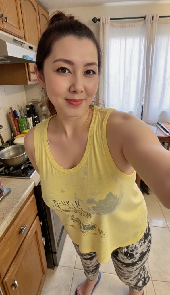 Highest quality, Flying debris, Realistic, High resolution, 8k RAW Photos,alone, One Girl, 30 years old、Washing dishes in the kitchen、smile、blouse、skirt、Japanese Kitchen、slipper、open mouth,closed eyes