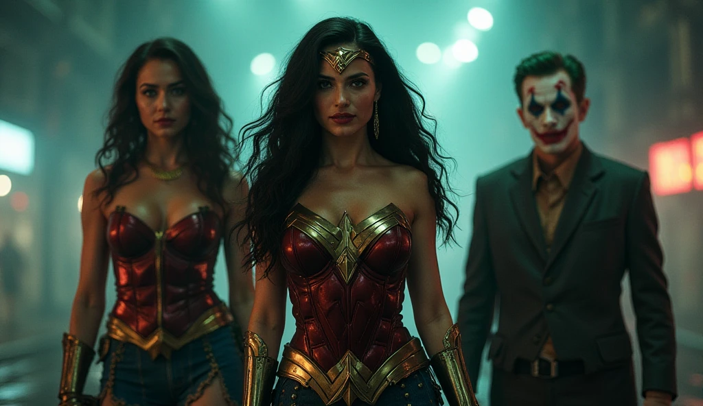 Wonder woman sitting on a chair while behind her a green aura girl in sexy enchantress green mini dress standing she is swinging pendulum hold by her hand in front of wonder woman eyes like a ( Hypnosis show)
( front view)