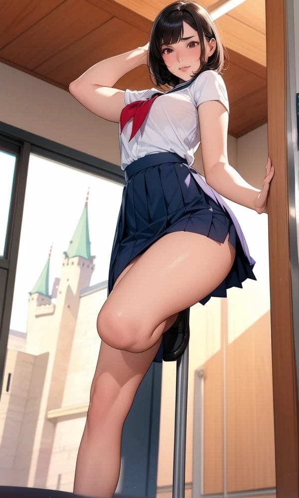 (a woman is hiding in the shadow), (((round face, drooping eyes, eyes realistic sizing))), hentai, ((navy sailor suit, pleated skirt, sailor scarf, white-socks, loafers)), (((incontinent, peeing, humiliated))), (((pee dripping from the crotch))), embarrassing, outdoor, (angle from below),