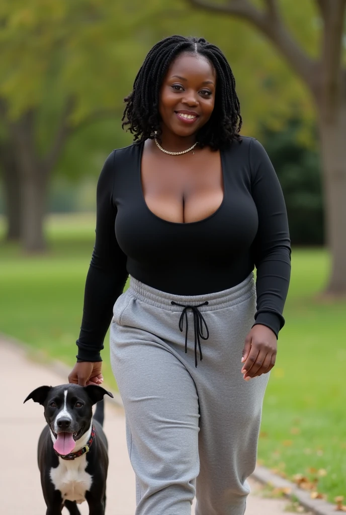 1 beautiful black woman with huge afro, very large , naked alking her dog