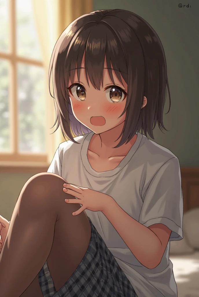 Residential Street,smile,Squat,close your eyes,1 ,short hair,Black Hair,blush,White T-shirt,Olive green shorts,Brown Sandals,White skin,summer,From below,Open your hands,shy,Sweat,Grin,