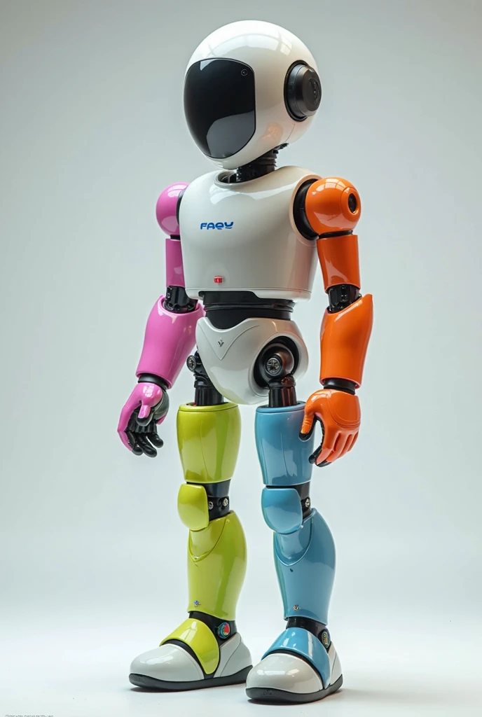 He looks like a person. But with his limbs separated by a small mini meter, with each part of his body he has a very bright, different color.
Bright pink left arm
Bright light blue right arm
Bright orange left leg
Bright yellow right leg
Bright light green left hand
Bright purple right hand
Shiny gray head