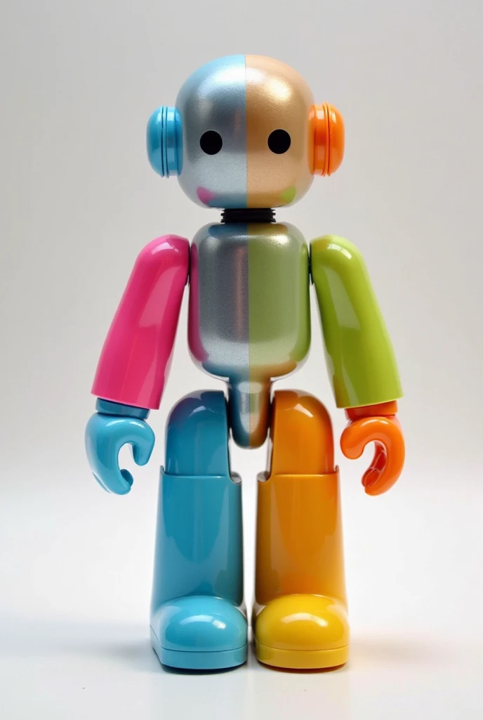 He looks like a person. But with his limbs separated by a small mini meter, with each part of his body he has a very bright, different color.
Bright pink left arm
Bright light blue right arm
Bright orange left leg
Bright yellow right leg
Bright light green left hand
Bright purple right hand
Shiny gray head
