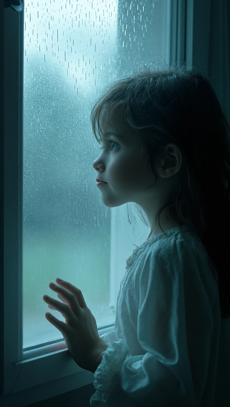 A girl is sitting near a glass window and crying. The girl is in a lot of trouble, so she is crying a lot. The girl is sitting so that her whole body is visible. The girl is more than 1. The image will be enemy related. It's raining outside so it can be seen and there are raindrops on the window glass. The sky is night outside. The whole background will only be in the glass window because the window is too big. The girl will be seen well because there will be lots of lights in the room and the light will be reflected from those lights and the girl will be seen clearly. The picture is cinematic.
