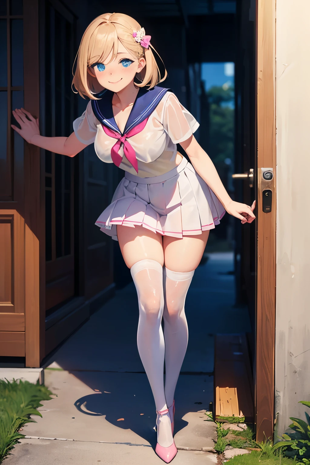 best quality, Focus on the whole body , full body shot , perfect face, Soft light, ultra high resolution, 8k, masterpiece, , , show viewers, full body , front view, (1 girl)), , cute face, (blue eyes:1.5), (long blonde hair:0.8), beautiful (Big Breasts:0.9), , , (high resolution human skin texture) , ((white short sleeve sailor (see-through:1.2)uniform, (cleavage:0.9), white pleated skirt, knee socks, WHITE LACE DECORATION , White Pink High Heels)), , Spring lakeside,, , (( walk, , smile, nose blush) , )) , , No bra., No panties, ,