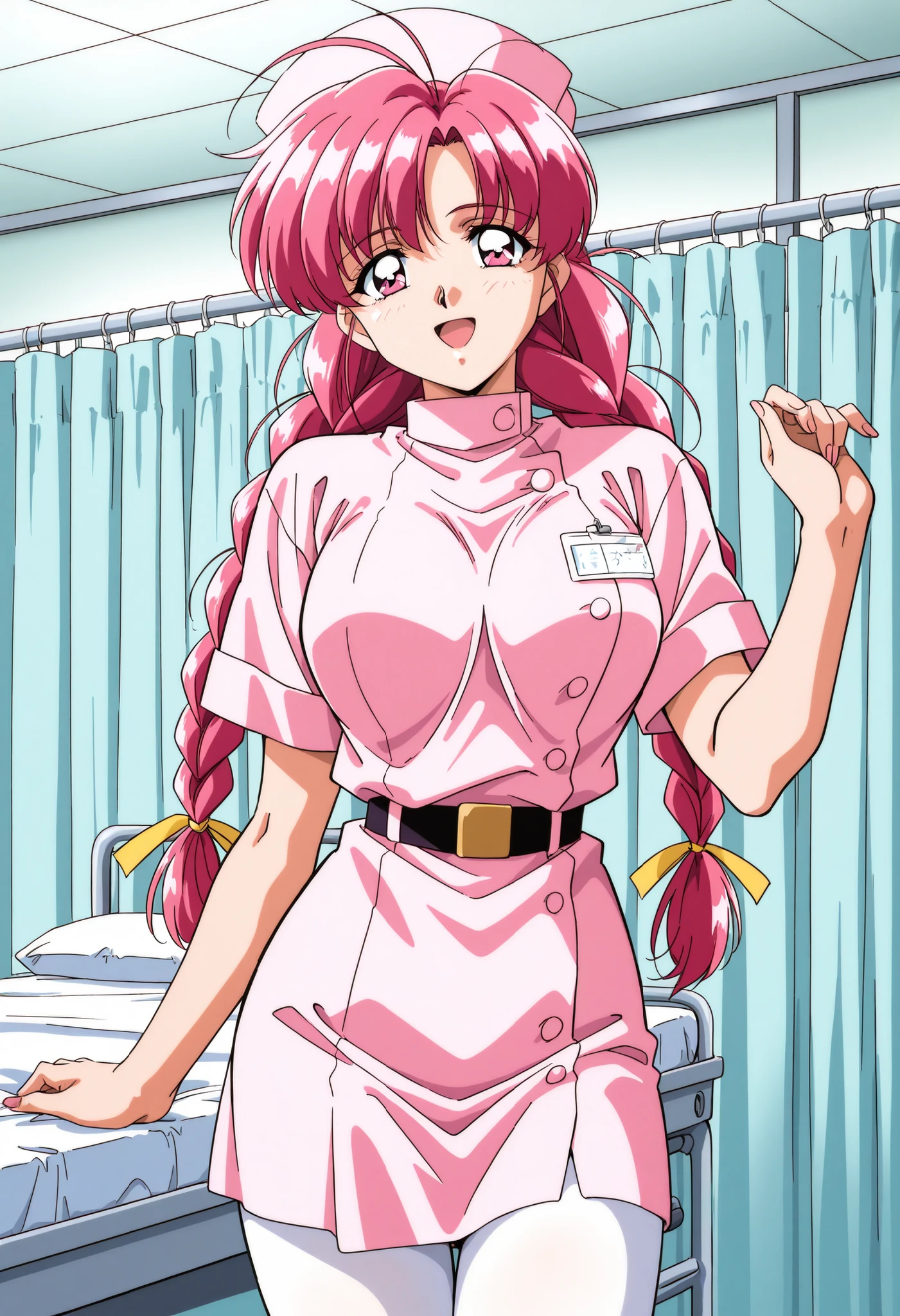 Score_9, score_8_up, score_7_up, source_anime, Makino_Rie_OVA, 1girl, solo, pink hair, 1990s \(style\), anime coloring, twin braids, bangs, hair ribbon, Yellow ribbon, large breasts, ahoge, pink eyes, (best quality), (high quality), {masterpiece}, extremely delicate and beautiful, ultra-detailed, beautiful detailed eyes, nurse, nurse cap, white pantyhose, belt, name tag, hospital room, smile, open mouth, standing