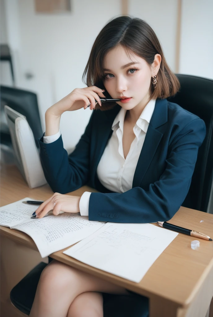 A poised young woman with stylish blonde hair sits at a desk, dressed in a light gray blazer over a dark top. She is focused on the viewer, with a laptop open in front of her and a white cup of coffee resting on the table. The background features soft lighting and blue curtains, creating a professional yet inviting atmosphere. And make the character direct look at the camara