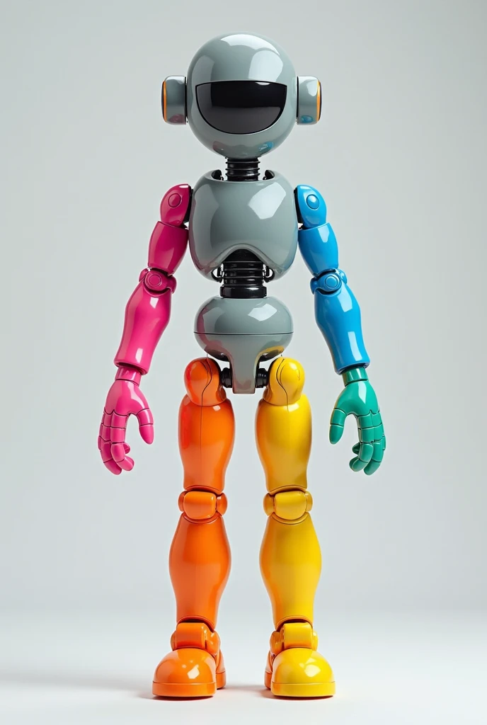 He looks like a person. But with his limbs separated by a small mini meter, with each part of his body he has a very bright, different color.
Bright pink left arm
Bright light blue right arm
Bright orange left leg
Bright yellow right leg
Bright light green left hand
Bright purple right hand
Shiny gray head