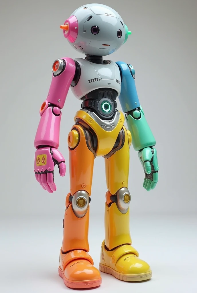 He looks like a person. But with his limbs separated by a small mini meter, with each part of his body he has a very bright, different color.
Bright pink left arm
Bright light blue right arm
Bright orange left leg
Bright yellow right leg
Bright light green left hand
Bright purple right hand
Shiny gray head