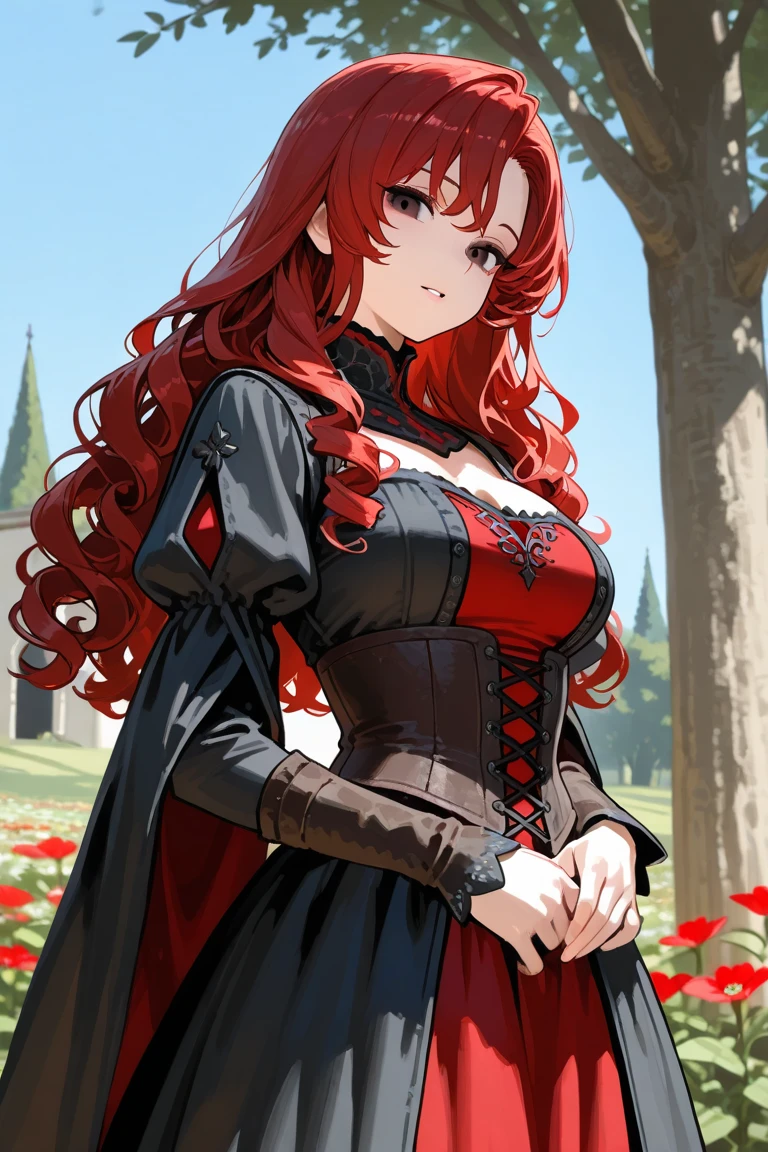 red middle length hair woman with green eyes in fine clothes