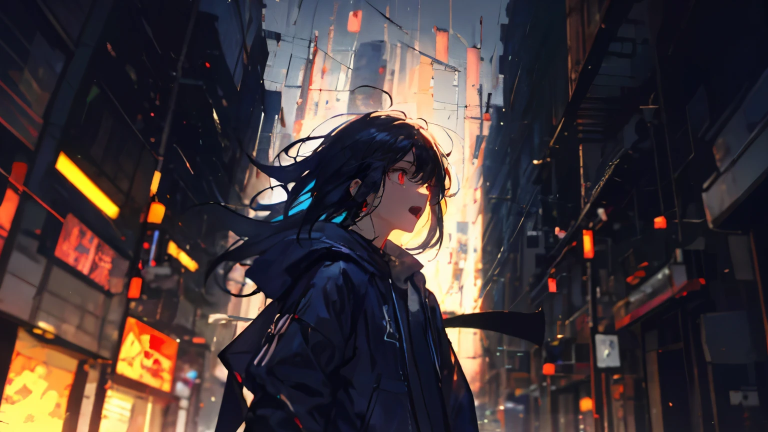 A girl with hidden anger and sadness、screaming in a broken city。she is staring ahead with sharp eyes、wearing a dark costume based on black and red。There are cracked buildings and collapsing neon signs in the background、colorful yet decadent atmosphere。 hair shakes in the wind 、Expression where emotions seem to explode。In anime style、An image of an energetic girl who seems to appear in Ado's songs。