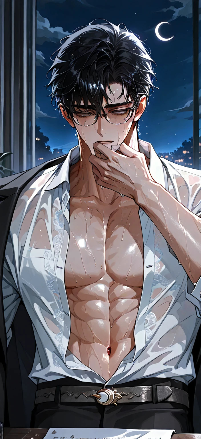 Ultra detailed, HDR, Highres, absurdres, masterpiece, best quality, solo focus, Gojou Satoru, white hair, black blindfold, covered eyes, white shirt, black pants, Jujutsu Kaisen, sexy man, handsome, stage, concert, handsome, sensual, glittering, solo, manly man