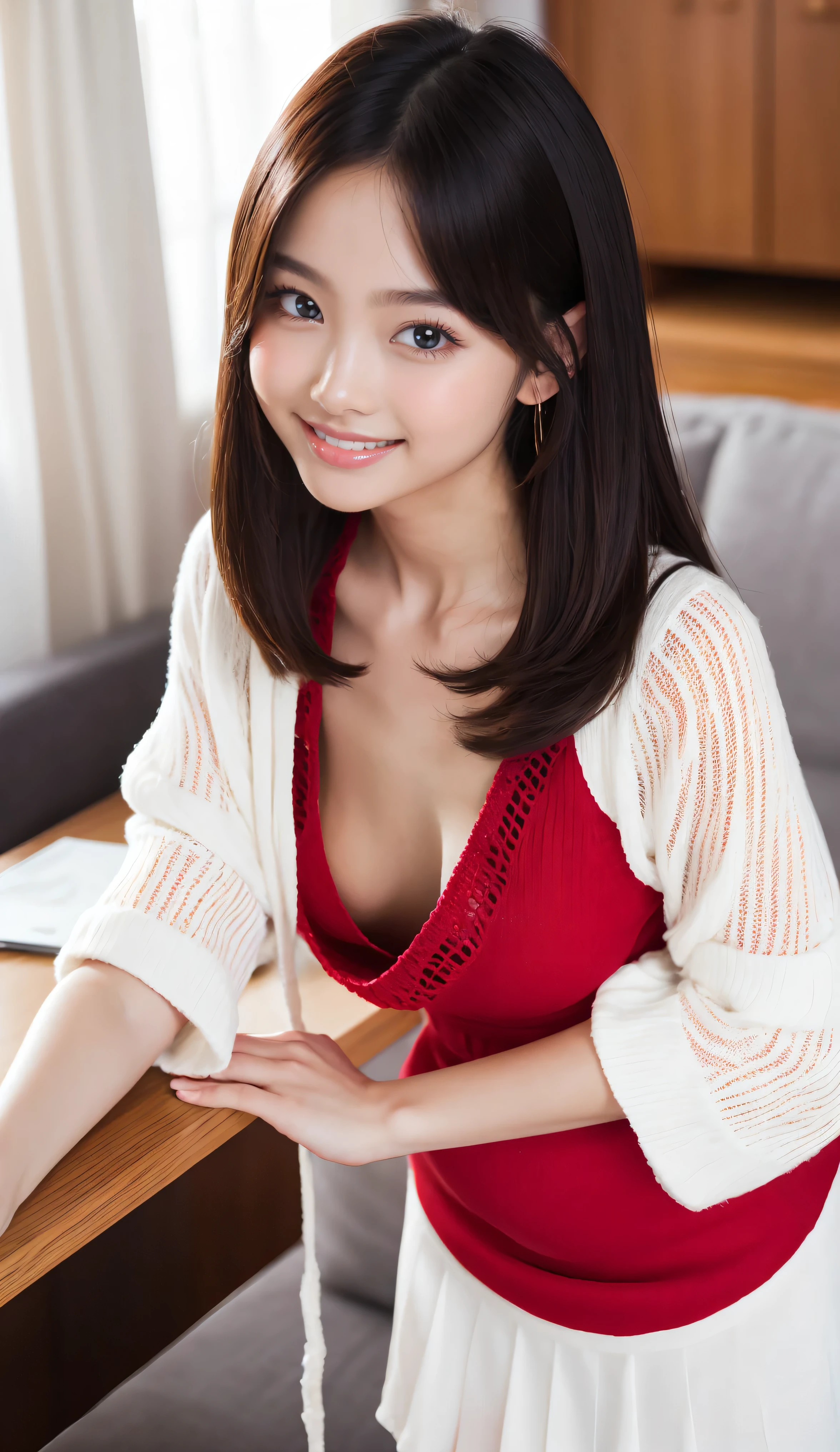 top-quality,ultra-detailliert,masterpiece,realisitic,Photo Real,Bright lighting,二重まぶた、1 girl in, Very beautiful 12 year old girl, (kawaii:1.2),Thin smile,((lipgloss)),((Golden Long Hair,Red Ribbon)),(a sailor suit),(pleatedskirt),8K,top-quality,highest details,(((You can only see the cleavage of the chest))),((Put your hands on the floor、stick your butt out and get on all fours))