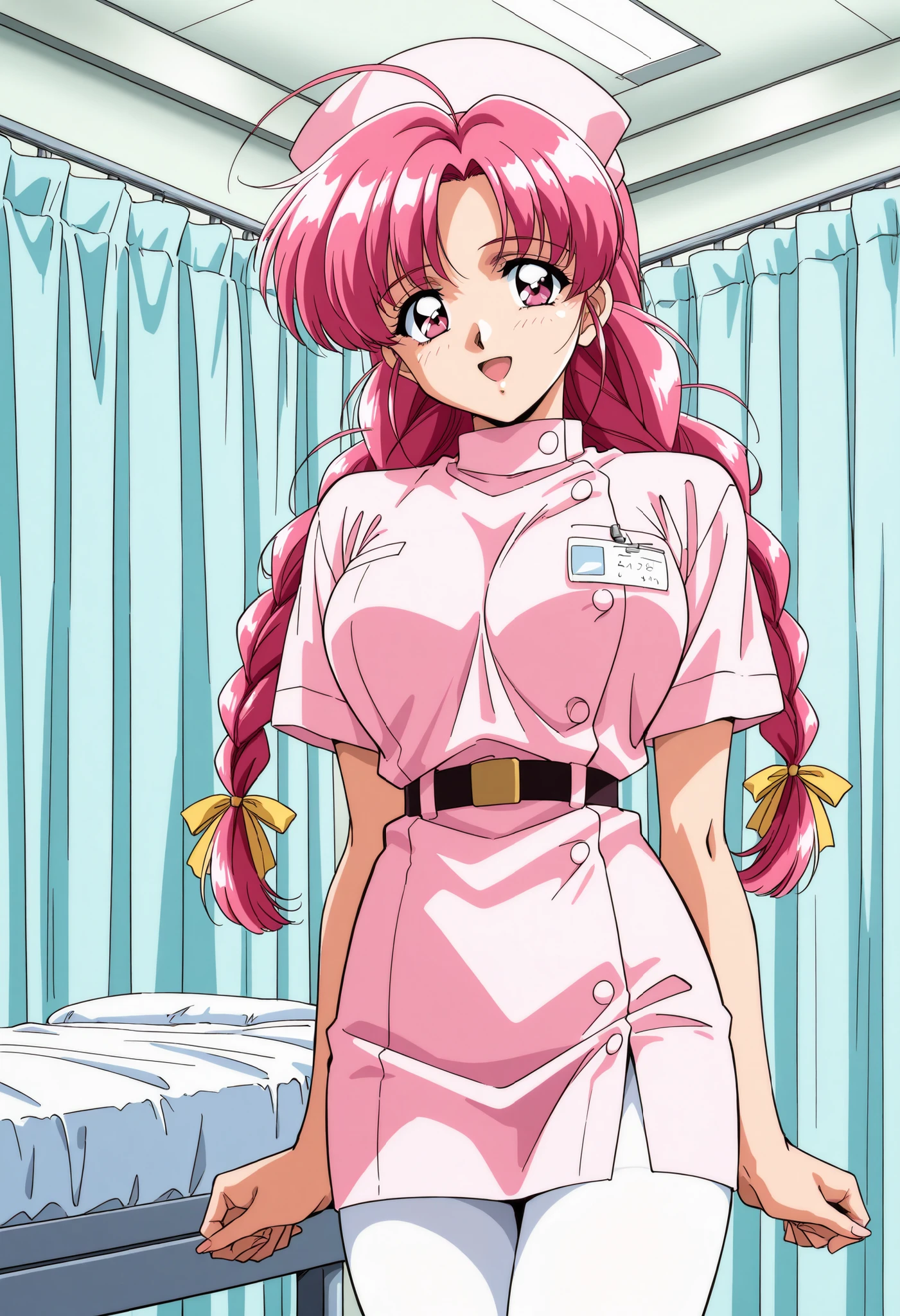 Score_9, score_8_up, score_7_up, source_anime, Makino_Rie_OVA, 1girl, solo, pink hair, 1990s \(style\), anime coloring, twin braids, bangs, hair ribbon, Yellow ribbon, large breasts, ahoge, pink eyes, (best quality), (high quality), {masterpiece}, extremely delicate and beautiful, ultra-detailed, beautiful detailed eyes, nurse, nurse cap, white pantyhose, belt, name tag, hospital room, smile, open mouth, standing