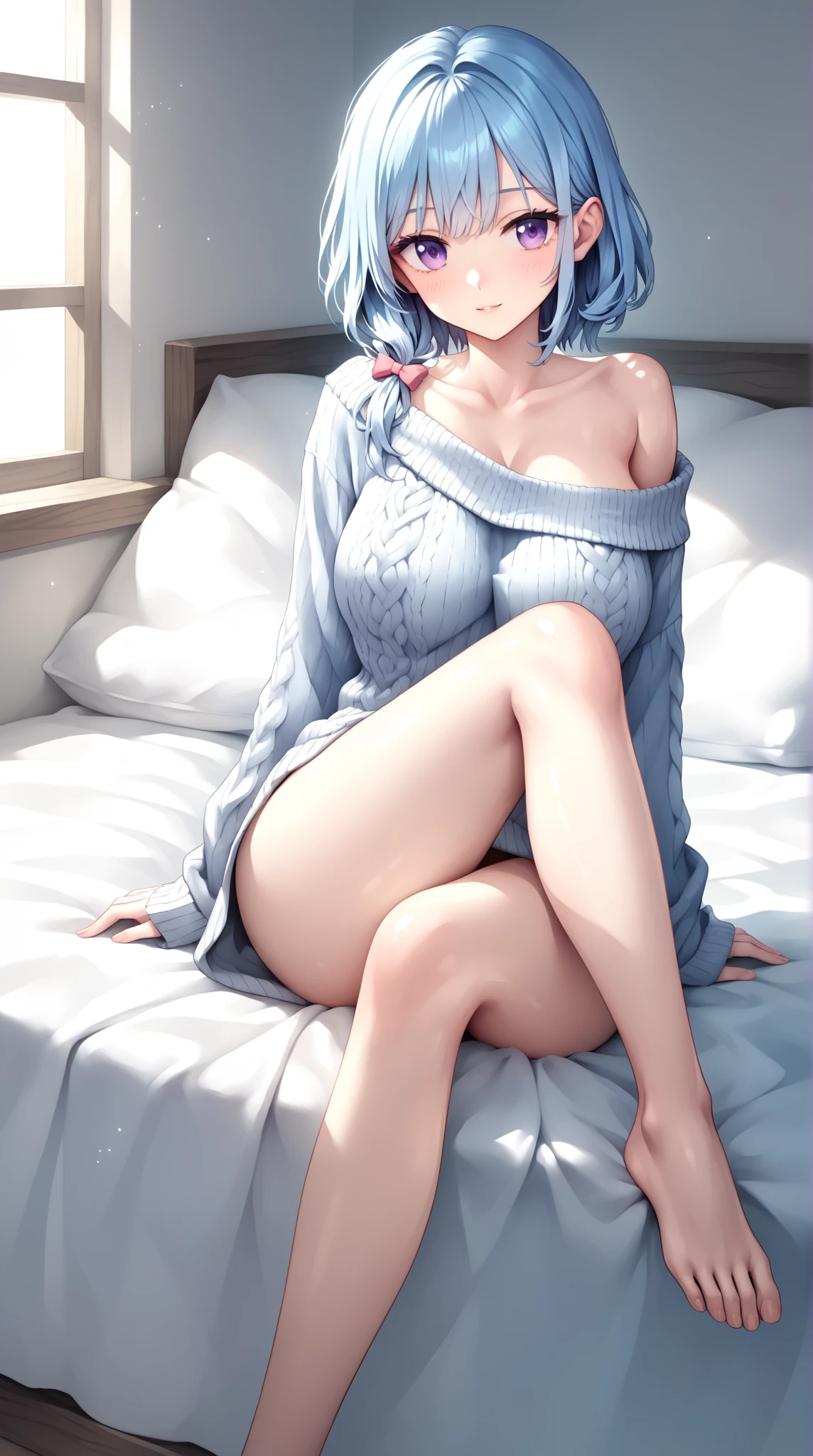 masterpiece,highest quality,High resolution ,1 girl,Rem, Re Zero, blue hair, short hair,straight hair, ((thin)),big breasts,white skin,((sweater(Animal patterns),((胸にAnimal patterns柄のsweater))transparent)),((stripe)),((clothing:sweaterのみ)),bags under eyes,smile,Chemomimi,happiness,bare shoulders,
