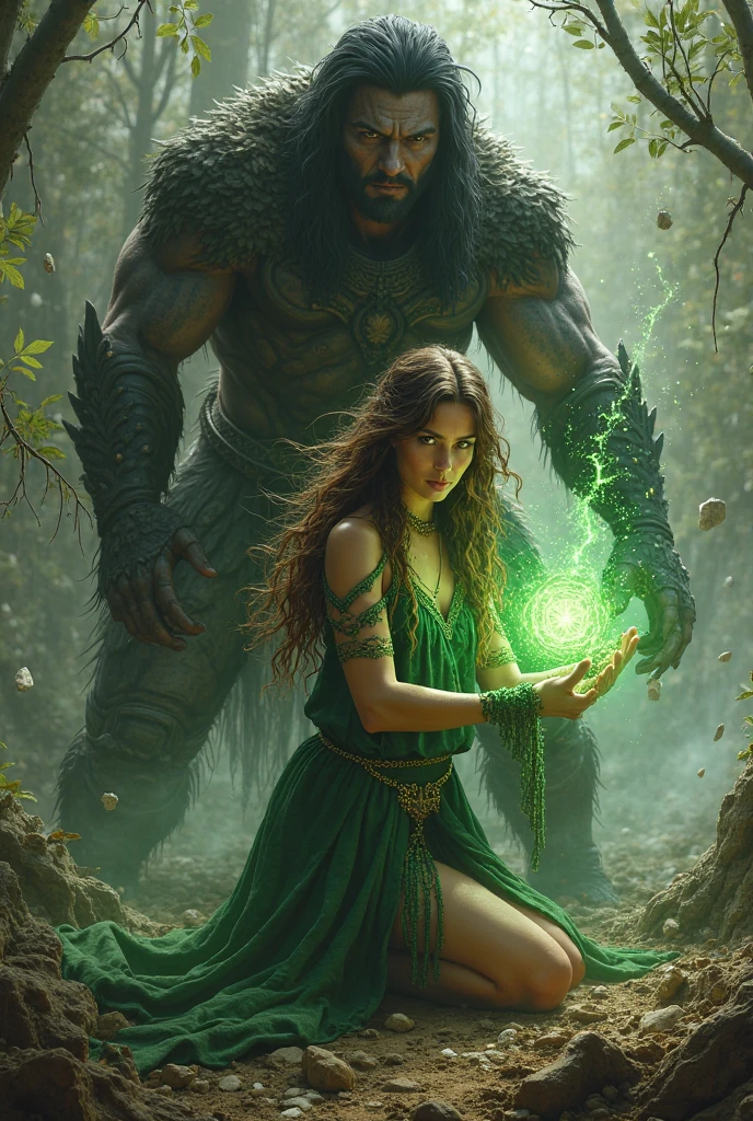 In the heart of a mystical forest, where towering trees and dense undergrowth create a natural fortress, Valis stands alongside the Spirit of the Earth, a robust female figure with earthy brown skin and hair that resembles intertwined roots and vines. She is adorned in a gown made of leaves and stone, with shimmering gemstones embedded in its fabric. Her eyes, deep and rich brown, mirror the ancient wisdom of the earth. Floating rocks and soil swirl around her, and she wields a twisted wood and crystal staff, pulsating with green energy.
Opposing them, emerging from the shadows of the deep, is the Abyssal Overlord—a massive, hulking creature covered in scales and writhing tentacles. His eyes glow with a malevolent green light, and he wields a dark, abyssal trident, commanding the dark creatures of the deep to rise and conquer. The air crackles with tension as Valis, clad in his gothic black armor adorned with blood-red gemstones, prepares to unleash his "Luminous Order." The Spirit of the Earth channels her power, causing the ground to tremble and the forest to come alive with ancient energy.
The scene captures the moment as the two sides prepare to clash, with the vibrant, life-giving energy of the earth contrasting sharply against the dark, malevolent forces of the abyss. The forest, bathed in the eerie glow of both light and shadow, stands on the brink of an epic confrontation.
