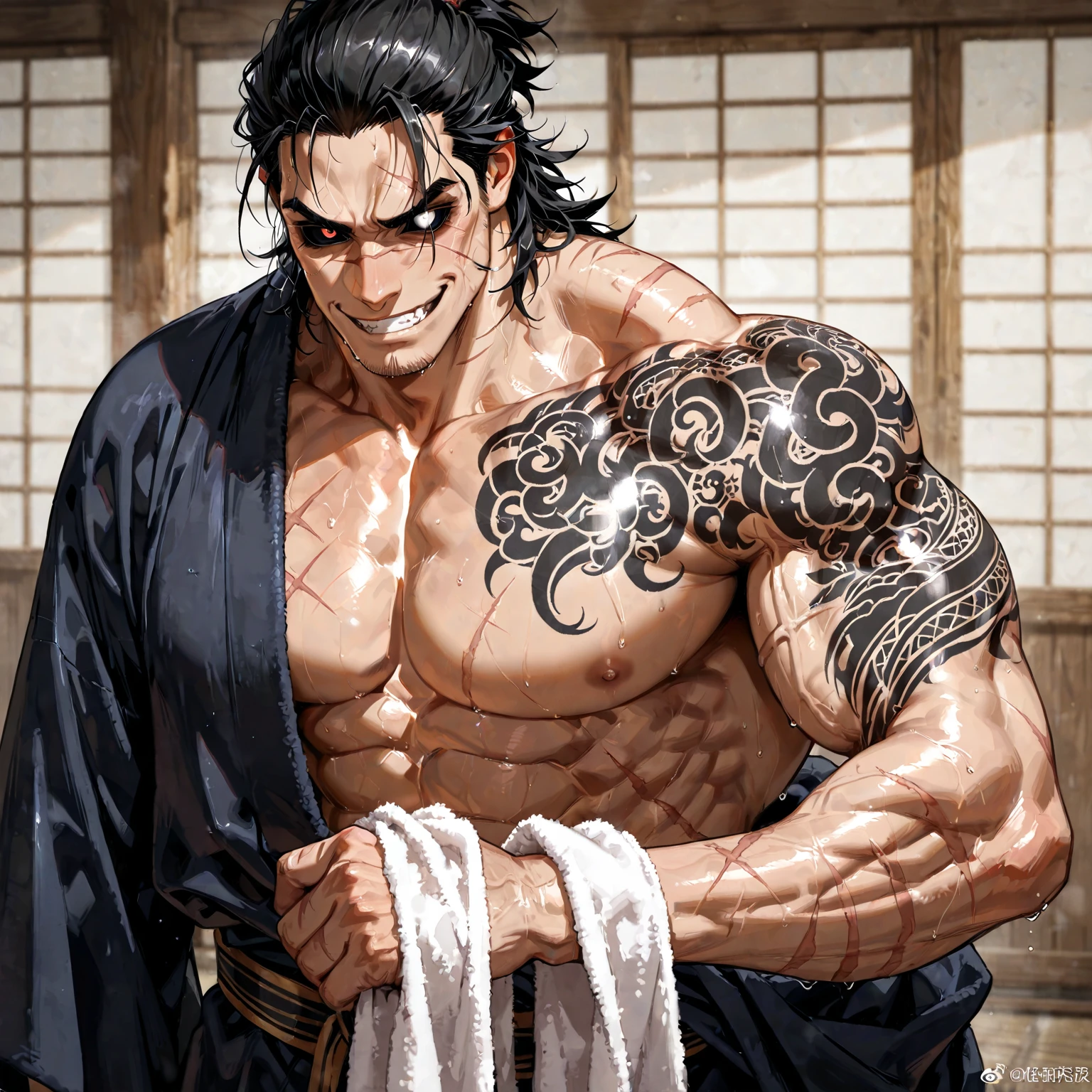 1 man, 35 years old, look at me, good face, muscles, show body muscles, angry face