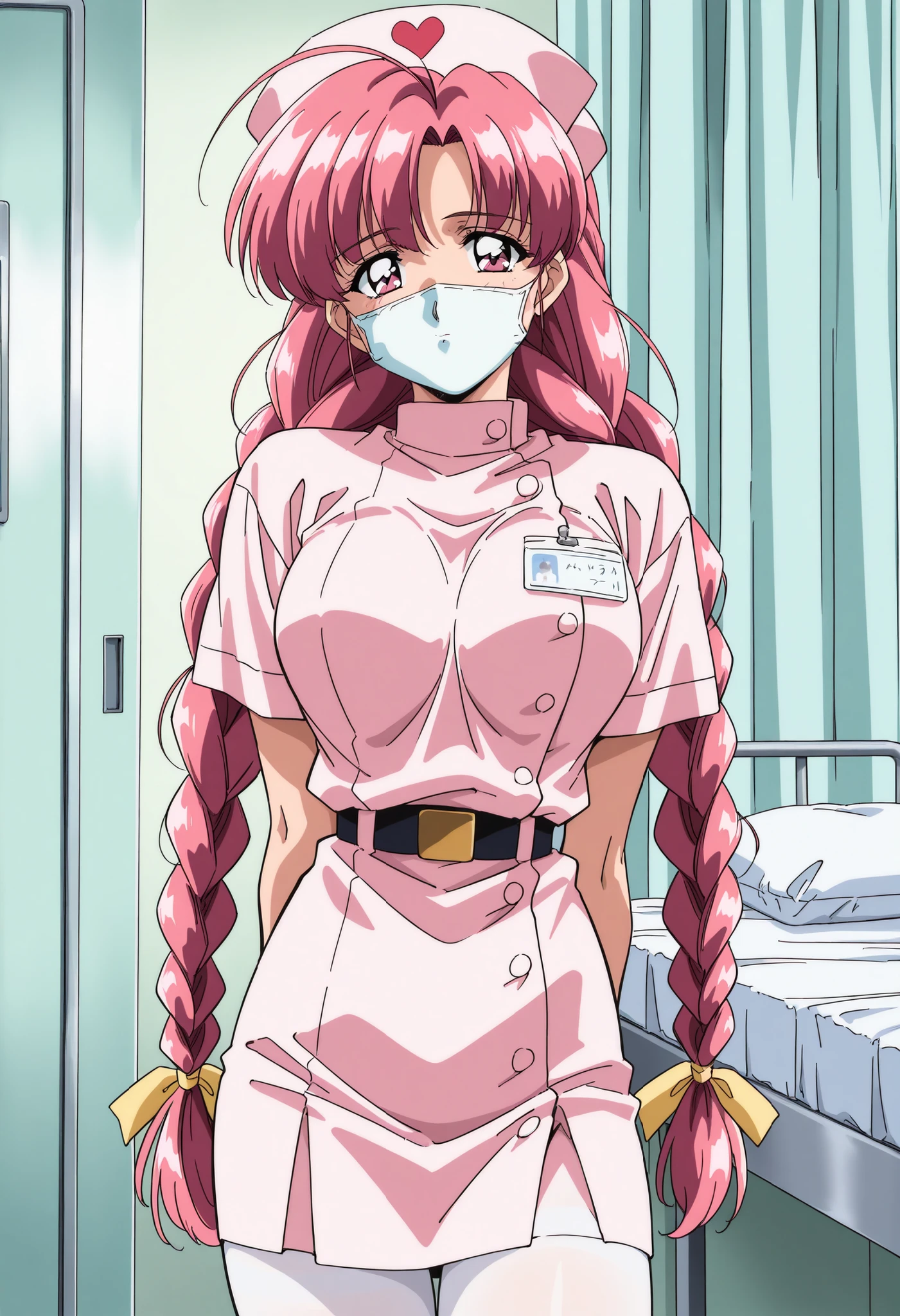 Score_9, score_8_up, score_7_up, source_anime, Makino_Rie_OVA, 1girl, solo, pink hair, 1990s \(style\), anime coloring, twin braids, bangs, hair ribbon, Yellow ribbon, large breasts, ahoge, pink eyes, (best quality), (high quality), {masterpiece}, extremely delicate and beautiful, ultra-detailed, beautiful detailed eyes, nurse, nurse cap, white pantyhose, belt, name tag, hospital room, ((white mask, mouth mask, covered nose)), standing