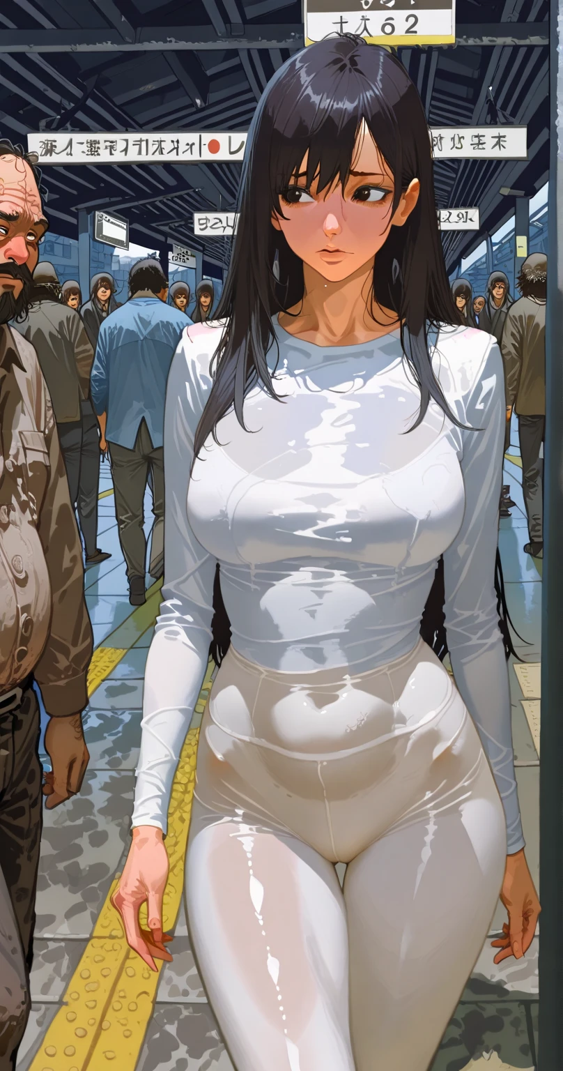 Masterpiece, best quality, Masterpiece, best quality, 1 woman, Long wavy brown hair , sly face , Close your eyes. , naked , abdomen, big breasts , Long legs , Barefoot , stretch , train station