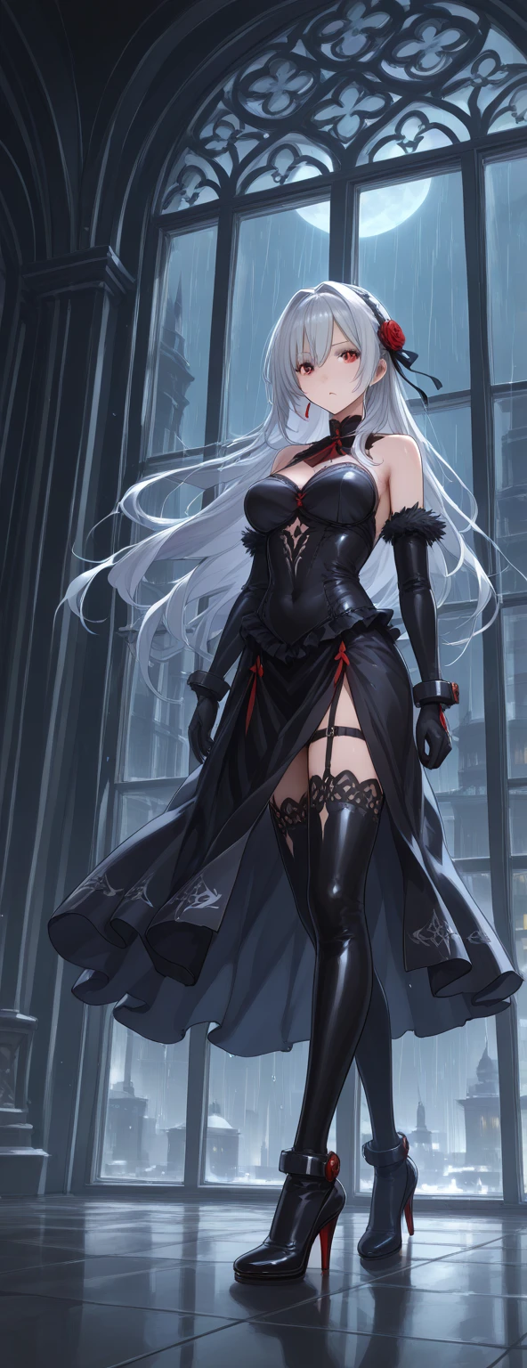 handsome older WOMAN，crimson-eyes，crimson pupils，Long black hair，Hyperresolution，accuracy，Detailed rendering，（Subtle facial image）（Image of fine hair）（topquality）（Masterpieces of masters）（High degree of completeness）（A sense of atmosphere）tmasterpiece，Super detailed and super detailed（portrait), long wavy black hair, (((tHICK WAVY HAIR)))(((ANKLE LENGTH HAIR))) (((Sakimichan))) (((white hair))) (((Latex black fight outfit))) (((Hair in ponytail))) (((skinny))) (((Latex black fight suit)))(((Stoic expression)))(((Black cloak)))
