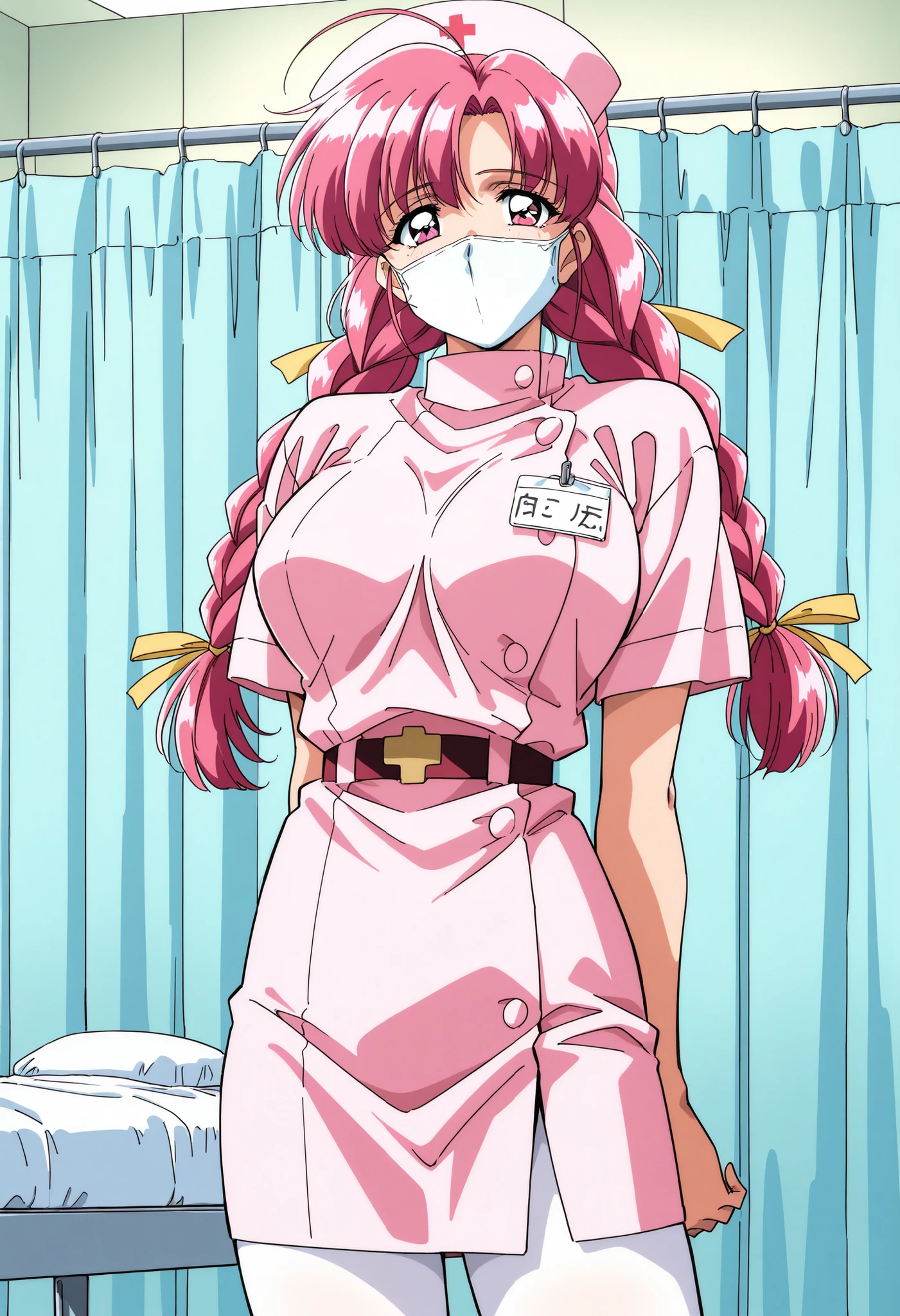 Score_9, score_8_up, score_7_up, source_anime, Makino_Rie_OVA, 1girl, solo, pink hair, 1990s \(style\), anime coloring, twin braids, bangs, hair ribbon, Yellow ribbon, large breasts, ahoge, pink eyes, (best quality), (high quality), {masterpiece}, extremely delicate and beautiful, ultra-detailed, beautiful detailed eyes, nurse, nurse cap, white pantyhose, belt, name tag, hospital room, ((white mask, mouth mask, covered nose)), standing