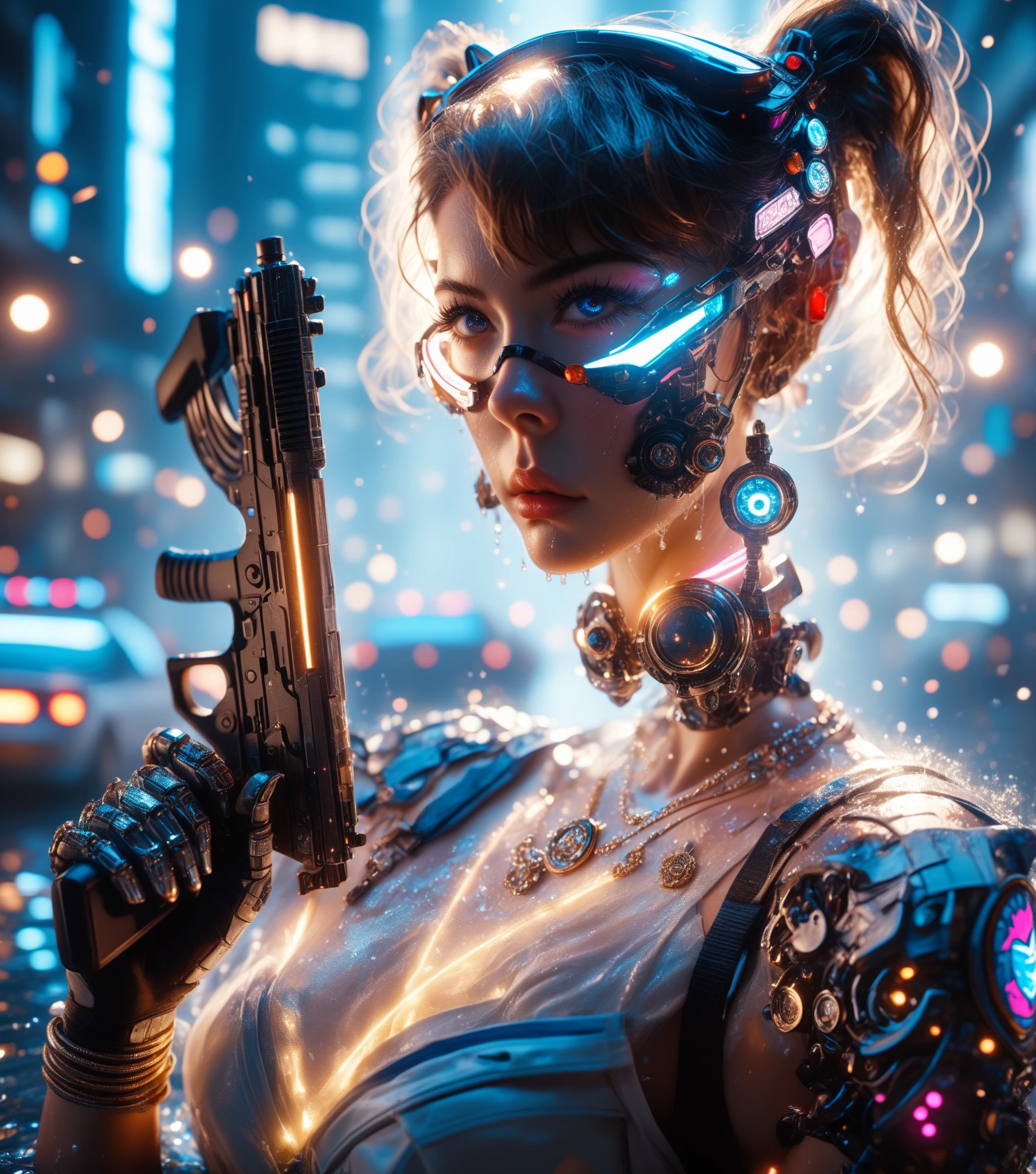 Arafed woman in uniform with headphones and a gun., cyberpunk art inspired by Leng Mei, Trends in CG society, what is?, perfect android girl, female cyberpunk anime girl, cosplay chica anime, perfect anime cyborg woman, cyberpunk anime girl, professional cosplay, trend on cgstation, mechanized soldier girl, beautiful android woman!