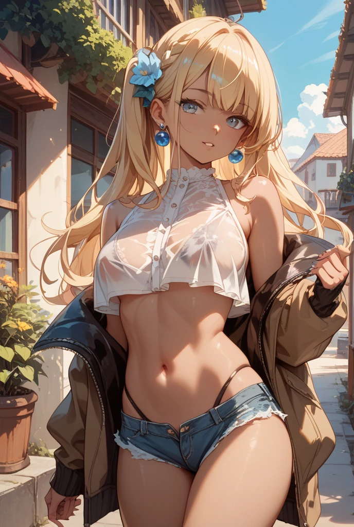 ((Highest quality, High resolution, masterpiece, detailed)),
Cowboy Shot, Written boundary depth, View your audience, Anatomically correct, woman, Perfect Face, Cute and symmetrical face, Shiny skin,
(Medium Hair, Platinum Blonde Hair), Chestnut brown eyes, (Large Breasts:0.8),
The finest details, Beautiful Hair, Beautiful Face, Beautiful body, Beautiful breasts, Beautiful belly button, Waistline, Beautiful thighs, Beautiful feet,
(See-through halter top, Denim shorts), (Black visible panties),
(Beautiful views), summer, Tree-lined street, (blush),