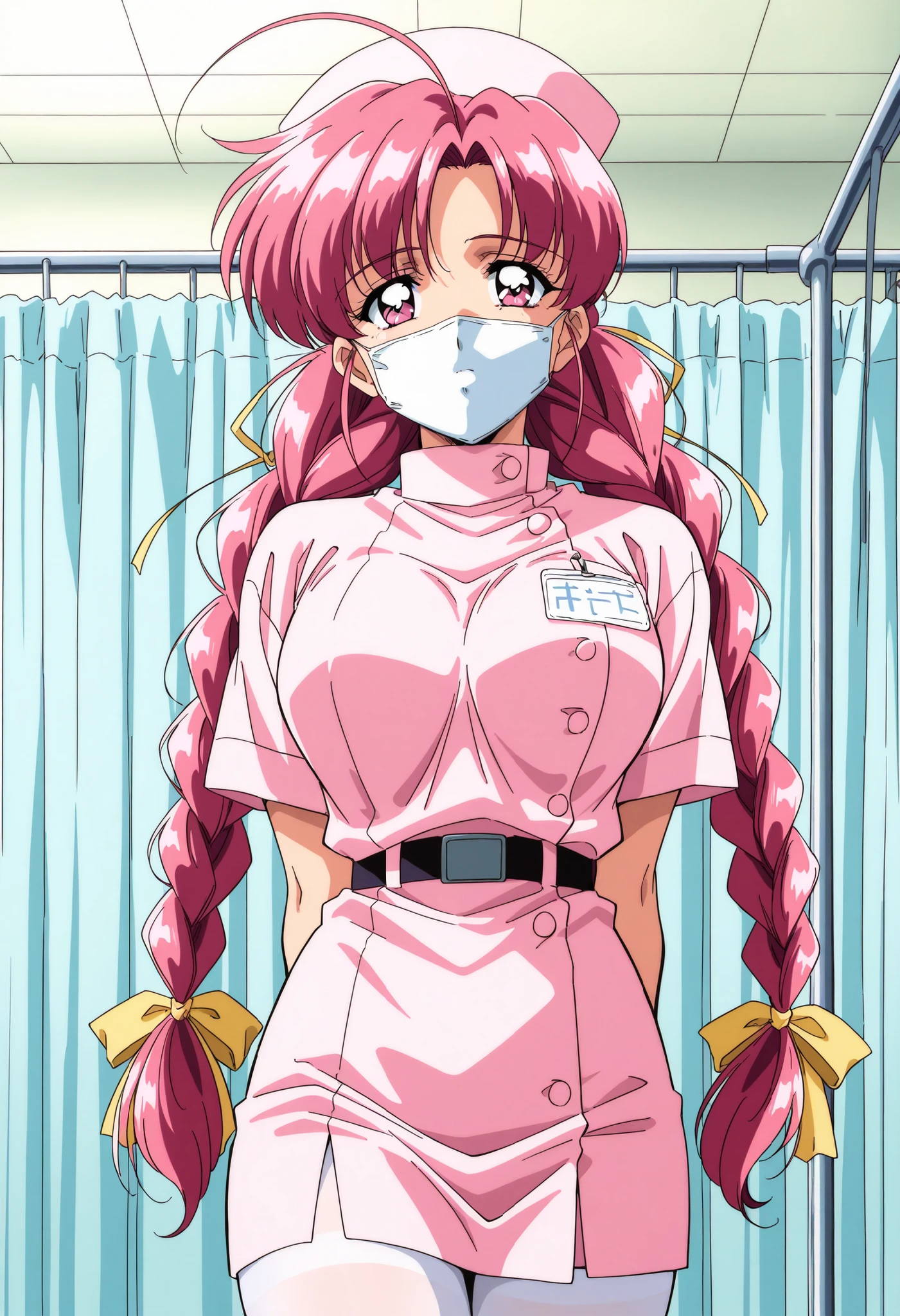 Score_9, score_8_up, score_7_up, source_anime, Makino_Rie_OVA, 1girl, solo, pink hair, 1990s \(style\), anime coloring, twin braids, bangs, hair ribbon, Yellow ribbon, large breasts, ahoge, pink eyes, (best quality), (high quality), {masterpiece}, extremely delicate and beautiful, ultra-detailed, beautiful detailed eyes, nurse, nurse cap, white pantyhose, belt, name tag, hospital room, ((white mask, mouth mask, covered nose)), standing