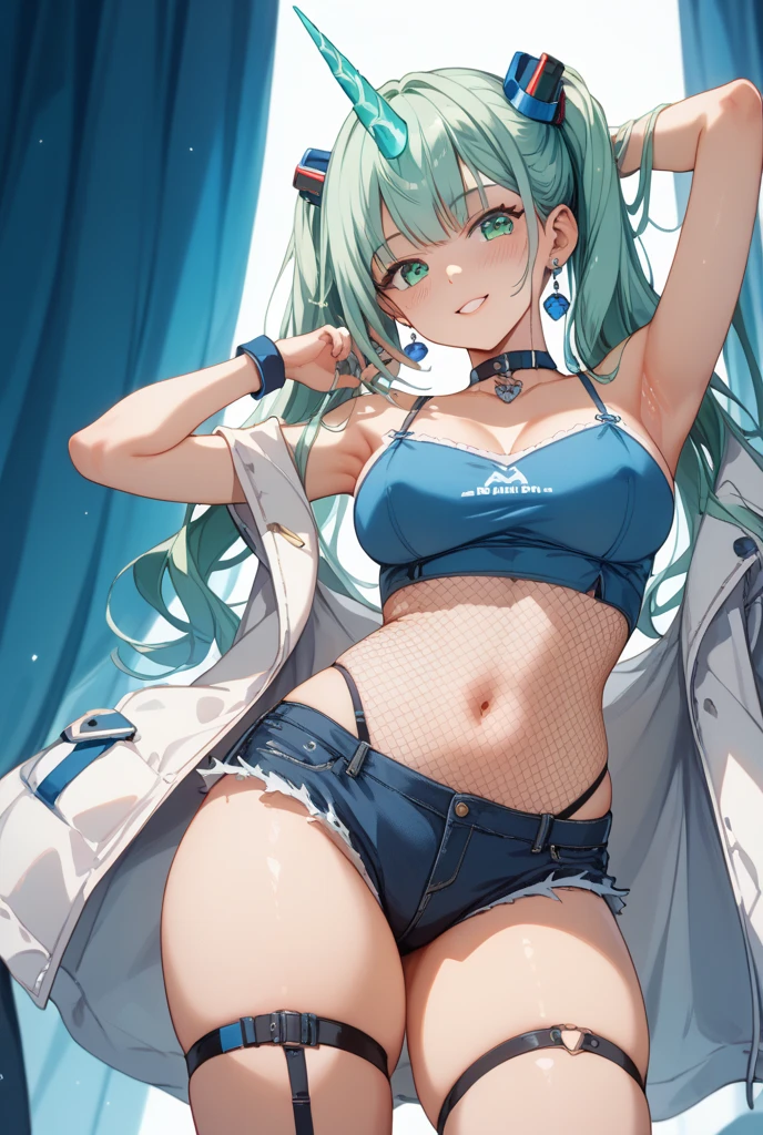 best qualityer,tmasterpiece,Ultimate resolution,downy,Extremely colorful,Colorful,waters,Sexy beauty,Short blue-green hair,a matural female,blue bikini,huge tit,Crop topping,short skirt,Bare legged,Barefoot,Blue manicure,Normal posture