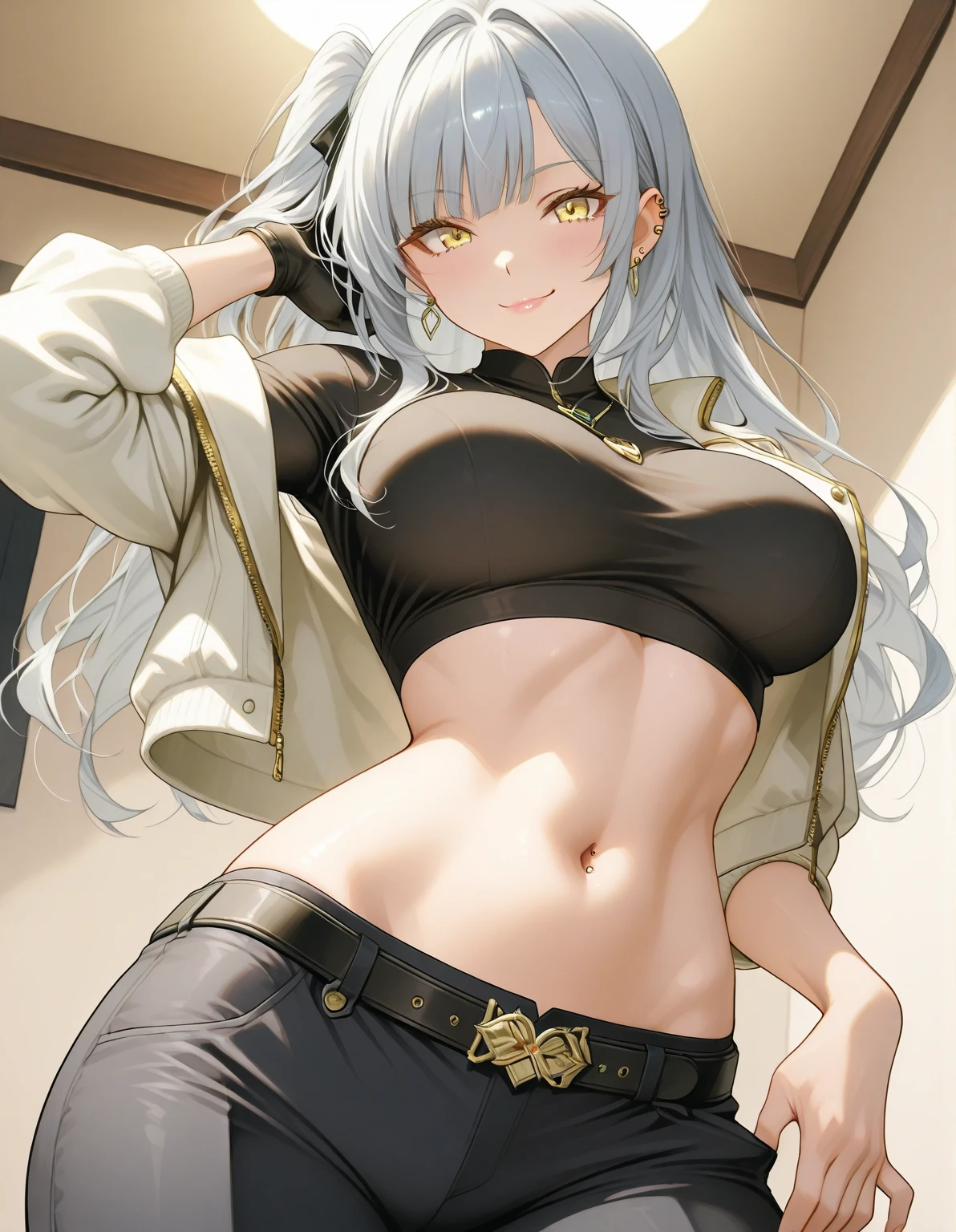 white hair, thick hair, shaggy hair, long hair, messy hair, bull horns, dark skin, woman, muscular, smile, orange eyes, open top button blouse, pants, confident, university, tall, rolled up sleeves, black pants, brown blouse, cleavage, barbarian necklace, tomboy, scars on arm, confident, lightning, buff, dark brown skin, mature, very dark skin