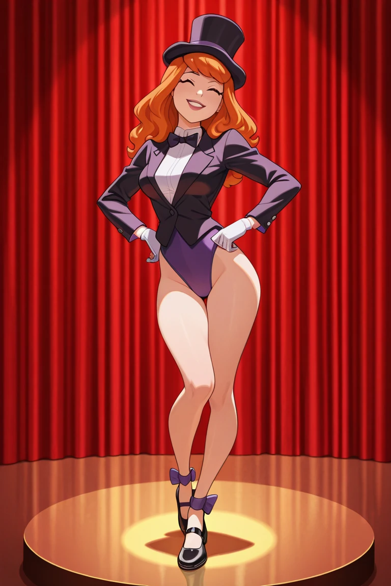 masterpiece, (best quality: 0.8), perfect anime illustration, high quality, (highres:1.2), sharp focus, detailed, 1woman, (ginger hair: 1.1), (short curly hair:1.35), (emerald eyes:1.1), thick eyelashes, (finely detailed eyes:1.1), sharp pupils, collarbone, (smile face, face, flushed, lascivious expression:1.2), frekles, medium chest, show, finger, bright lips, perfect hands, detailed skin, full body, looking at the viewer, bright colorful, volumetric lighting, extremely detailed, half fish net, high cut black Bunnysuit, black rabbit ears, red high heels, white choker, black ties, standing on one leg, legs up, split, split standing, show stage, audience background, pov audience,