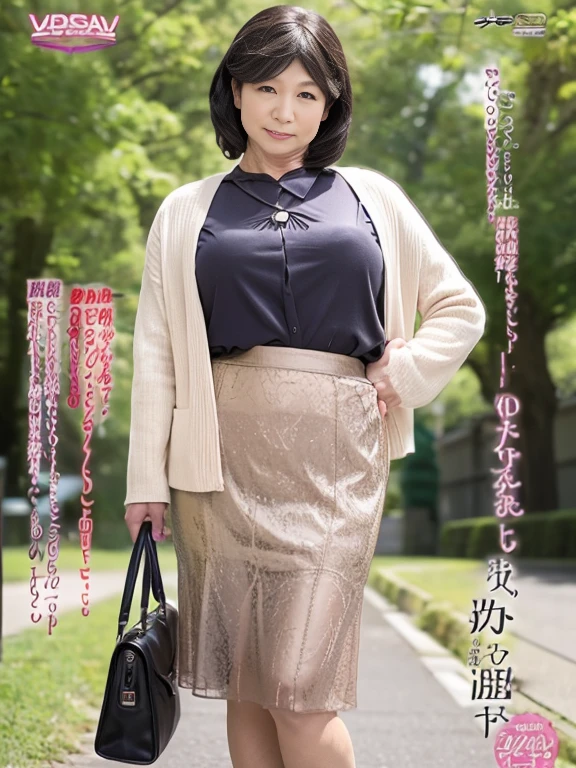 (in 8K、Raw photography、Highest Quality、realisitic、Photorealsitic、Professional Lighting、masterpiece、Very delicate and beautiful woman).A women in knits and skirts, standing in front of the park with a handbag, Waiting for me. ., 45 years old. A woman similar to Hitomi Kuroki, Has big breasts of J cup. Erect nipples.Embarrassed and troubled look.Short hair,Dress in a relaxed atmosphere,You can see him staring at the camera with his whole body in front of the camera...