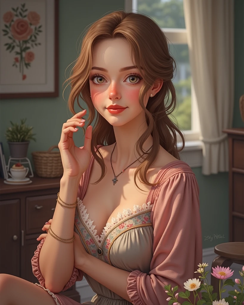 Beautiful woman smiles forward and points her finger at the picture next to her.