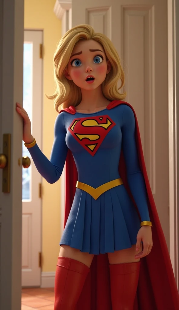 Supergirl, blue superman suit,crystalblueeyes, blonde long hair, standing, looking to camera, standing split sx, fuck