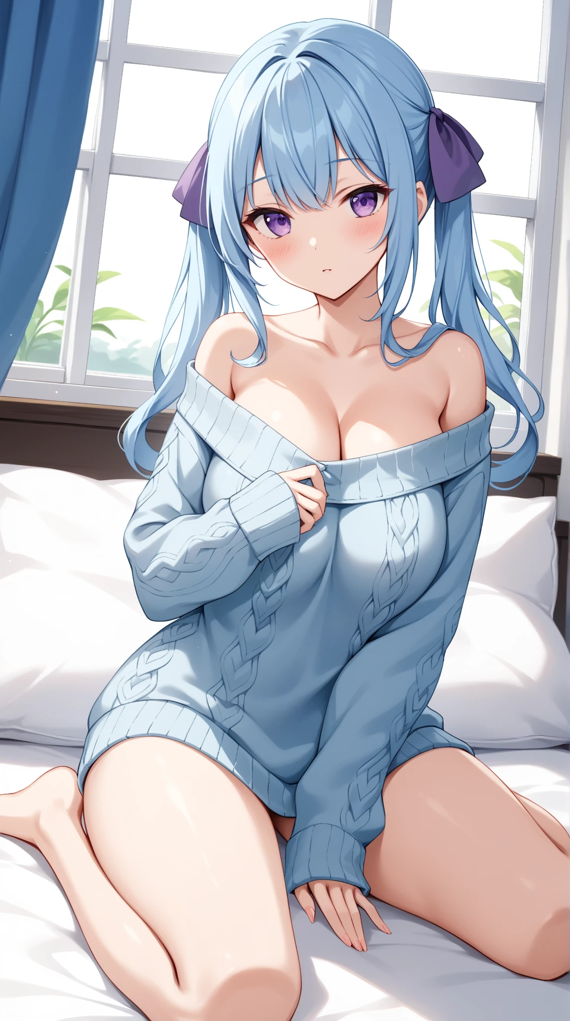 Character Details:, - Gender: 1 Girl. - Style: Anime, - Body Type: Attractive body, slim body, nice legs, slim tights, nice arms, nice shoulders. - Breast: (Small Breast:1.1), (Cleavage), (Nipple). - Facial Feature: Beautiful, Gorgeous, Teenager, Fresh, Young. - Expression: Shy, Smile, Horny, Pink Blush on Face, Sexy Eyes, Sexy Look, (Sweating:1.4), Innocent Look, Tipsy. - Hairstyle: Blunt Bangs, Long Hair. - Hair Color: (Light Blue Hair:1.5). - Clothing: (Sweater:1.6). - Body Pose: (Lying Down:1.3). - Behaviour: Waiting, Want Something, Secretly. - Accessories: Earrings., Environmental Details:, - Setting: Bed Room., - Lighting: Natural Light., - Decoration: Modern Bed, Chair, Window, White Curtain, City View. Top view. pov, anime style, UHD, retina, masterpiece, accurate, anatomically correct, texture