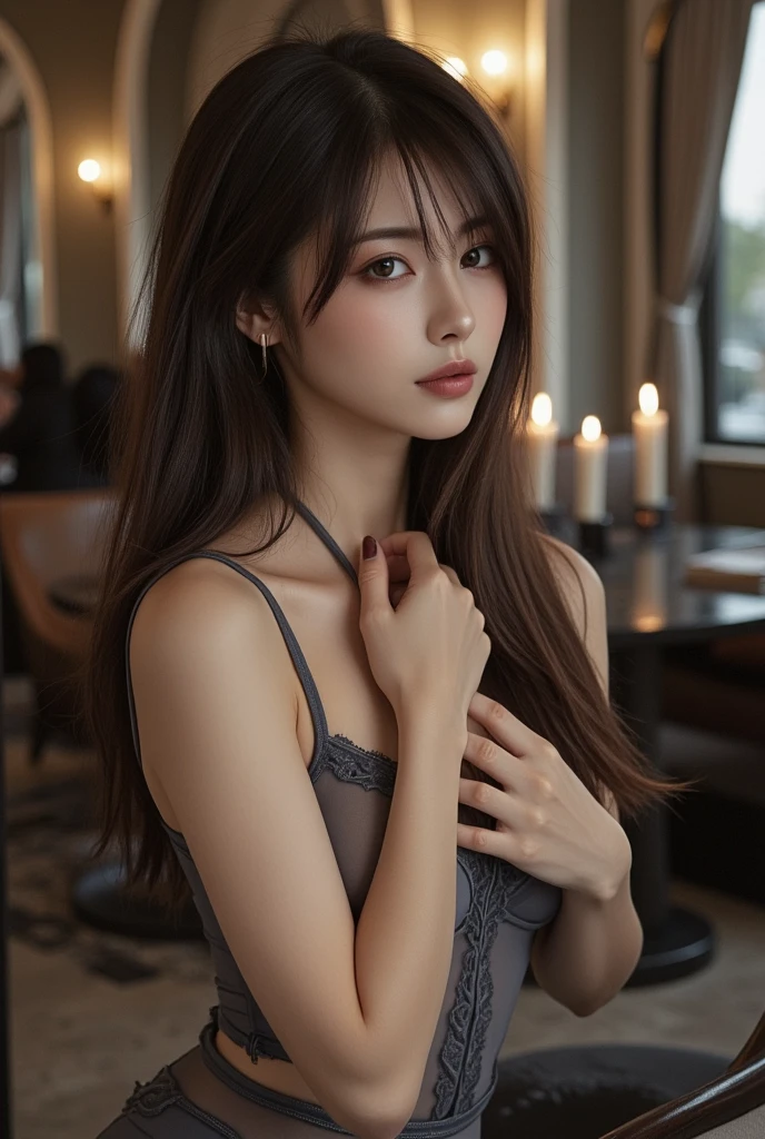 off shoulder , from below, on fours, hiding under the table, cleavage, long hair, old womans, office, crowd