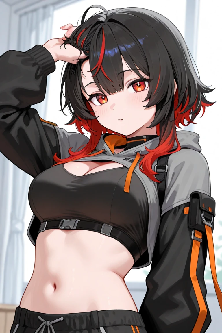 Extremely angry tomboy girl ,super attractive and strong personality black coat outfit and black white hair,red eye athletic body 